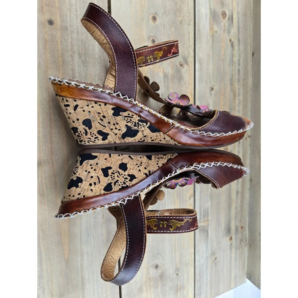 Spring Step L'Artiste Brown Leather Floral Wedge Sandals Hand Painted Women 42